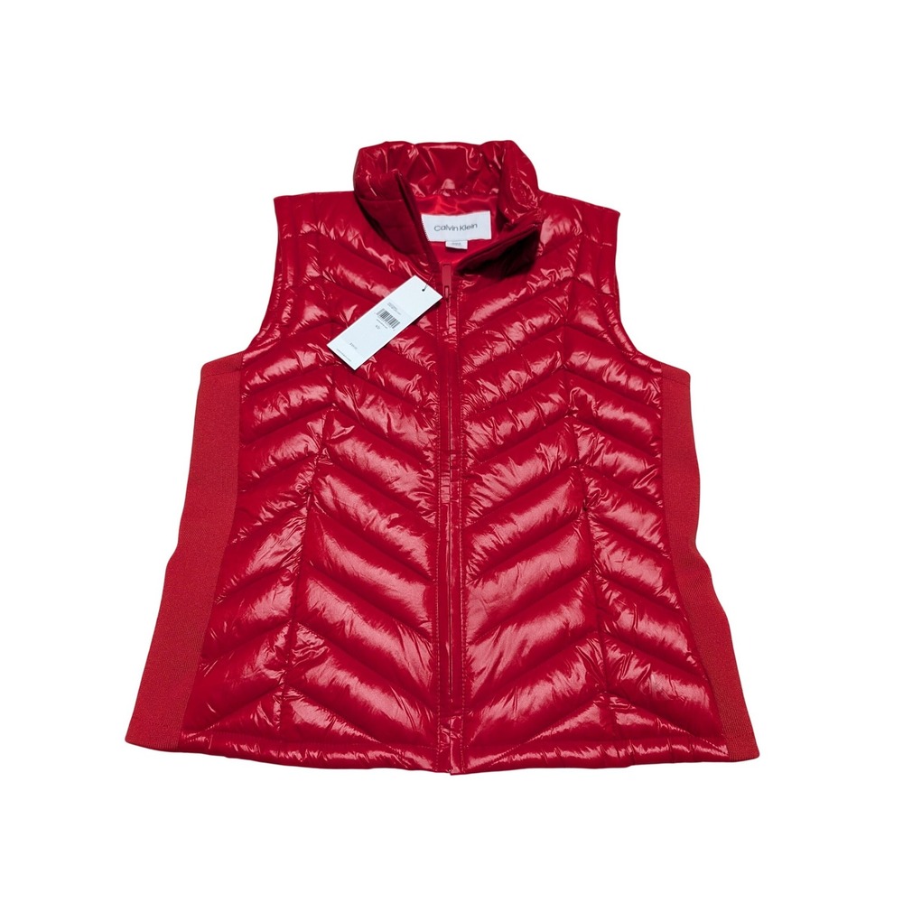 Calvin Klein‎ Women's Red Quilted Chevron Puffer Vest Size S